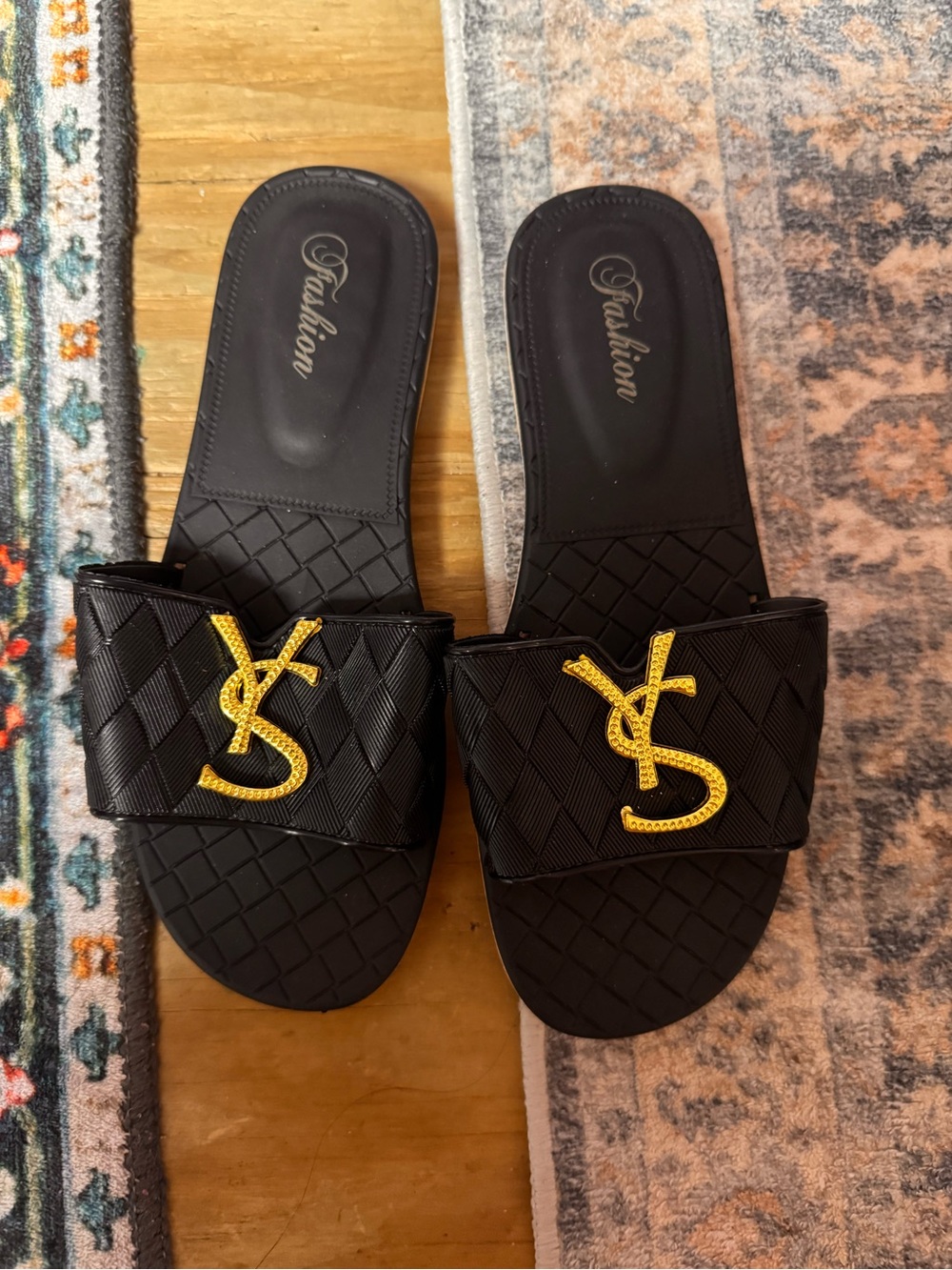 Black Slide Sandals with Gold Accent -